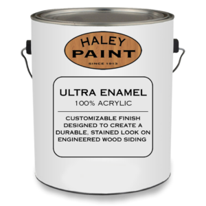 gallon can with ultra enamel product information and woodgrain haley paint logo displayed